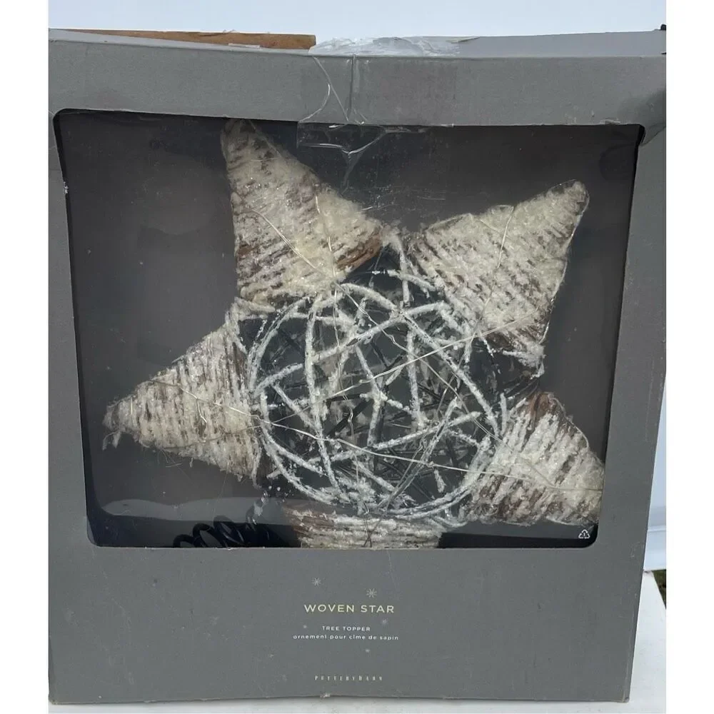 New Pottery Barn Light Up Snowy Star Handcrafted Rattan Tree Topper